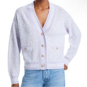 AQUA‎ Tweed Cardigan Gold Button Pockets V Neck white purple Size Large